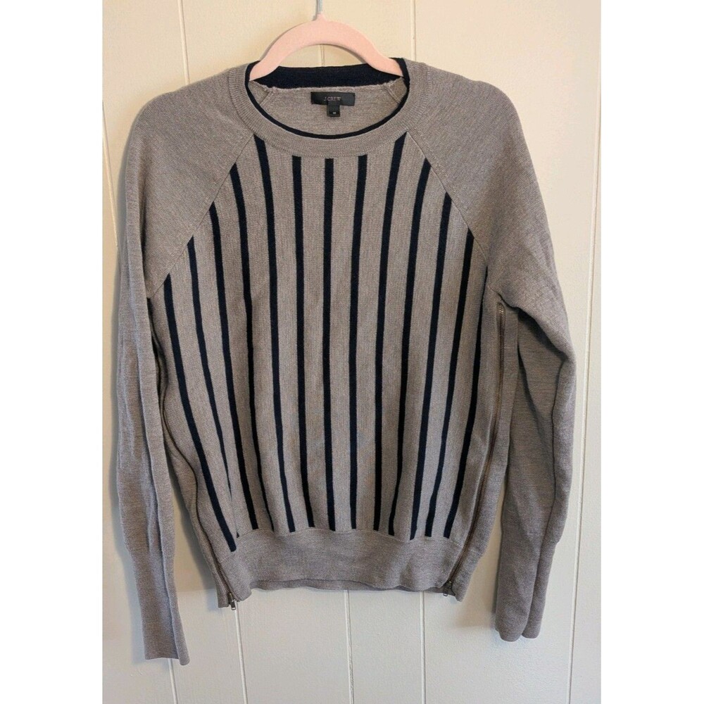 J.Crew Grey Navy Vertical Stripe Side Zip Crewneck Knit Sweater M